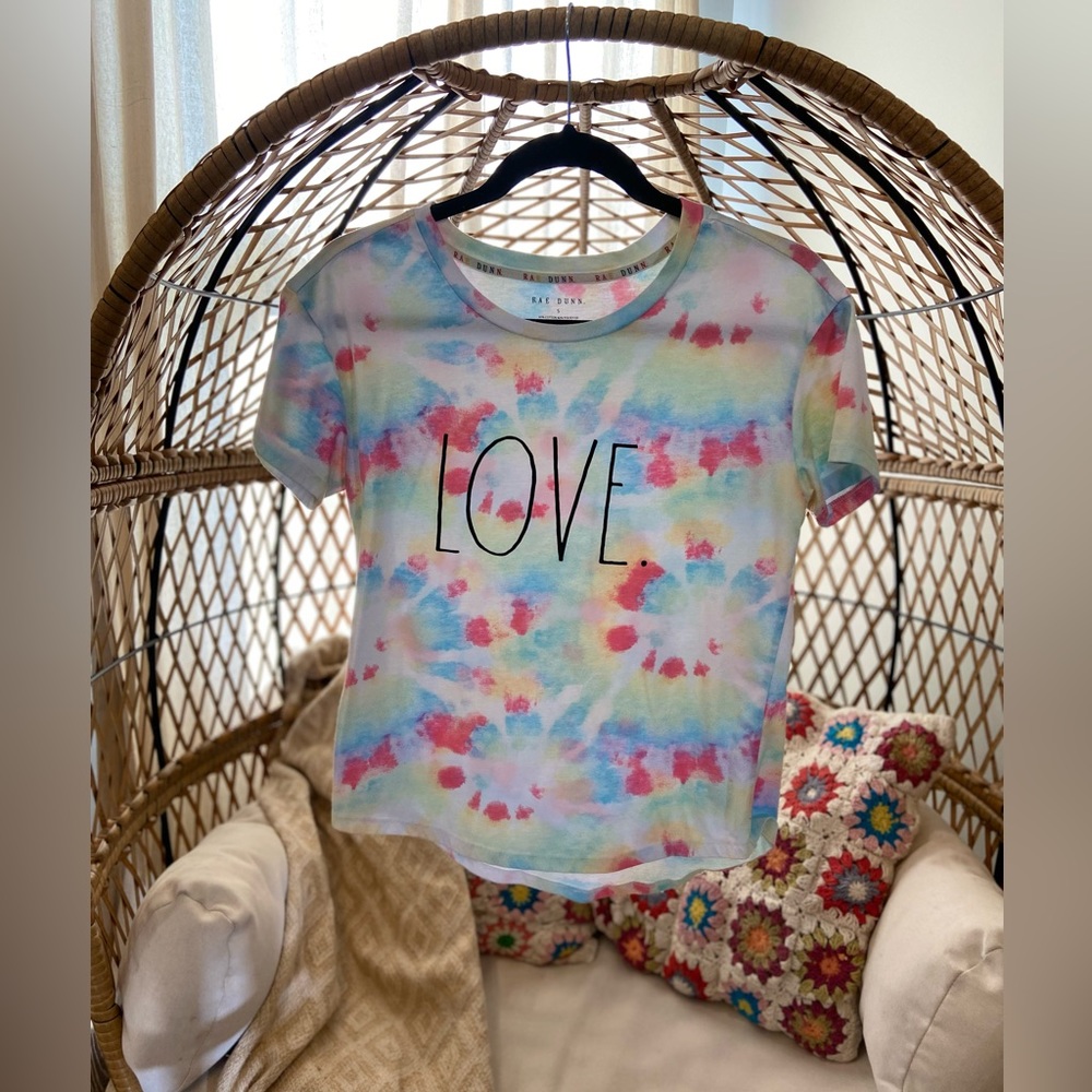 Rae Dunn Love Rainbow Tie Dye Shirt tail hem t-shirt